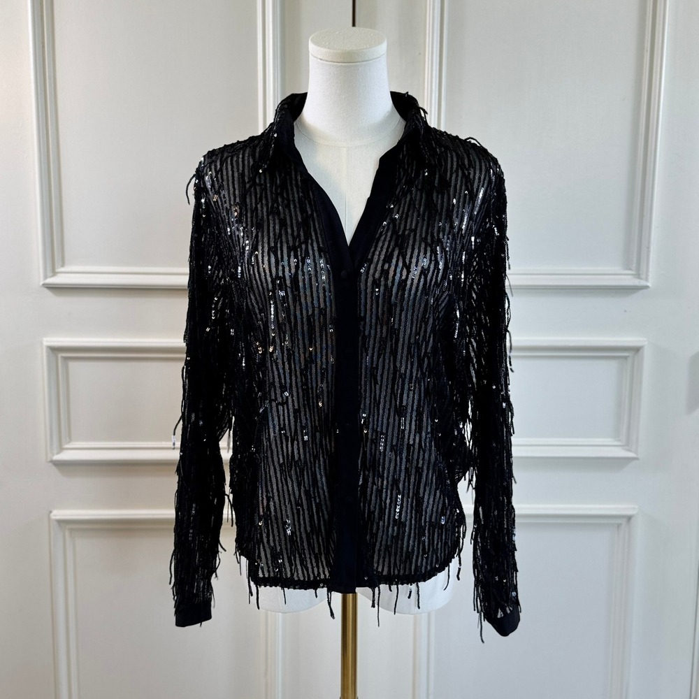 Zara Sequin Long Sleeve Button Up Blouse Women's S Black Party Glam Fringe NYE